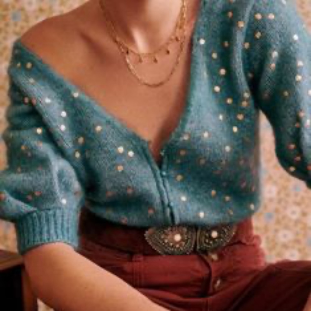 🇫🇷SEZANE | Gold Polka Dot Party Sweater | Festive Shimmer Knit | Like New